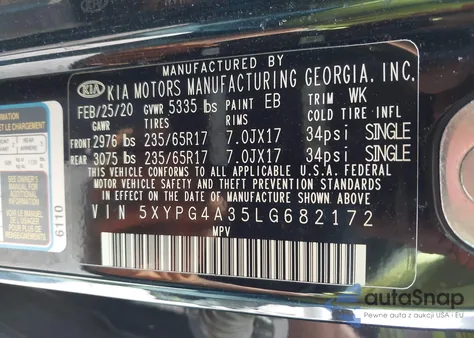 2020 Kia Sorento 2.4L Lx z USA, uszkodzony, nr VIN 5XYPG4A35LG682172